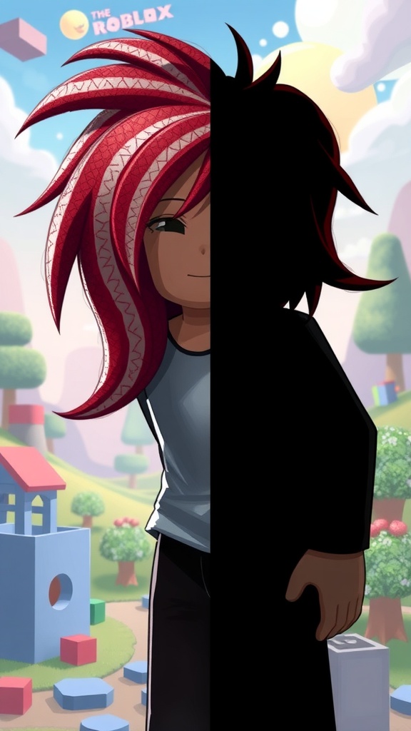 Roblox fanart featuring a character with bacon hair and a slender figure in a vibrant game-inspired background.